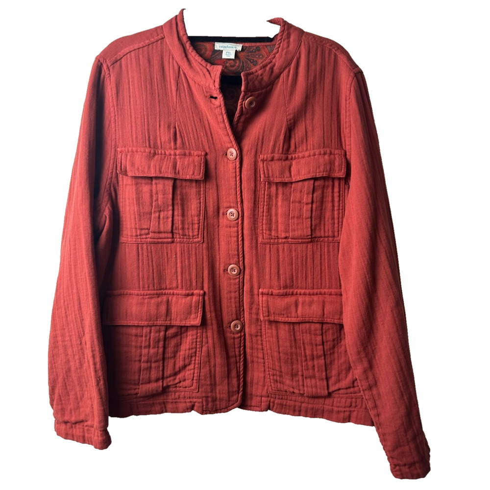 Sundance Utility Jacket Red Womens Size PXL Buttons Pockets Gauze Cotton E11